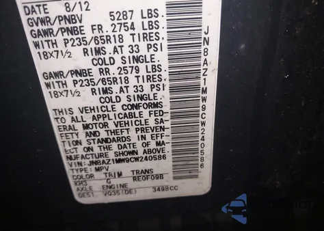 2012 Nissan Murano Sv from USA, damaged, VIN JN8AZ1MW9CW240586